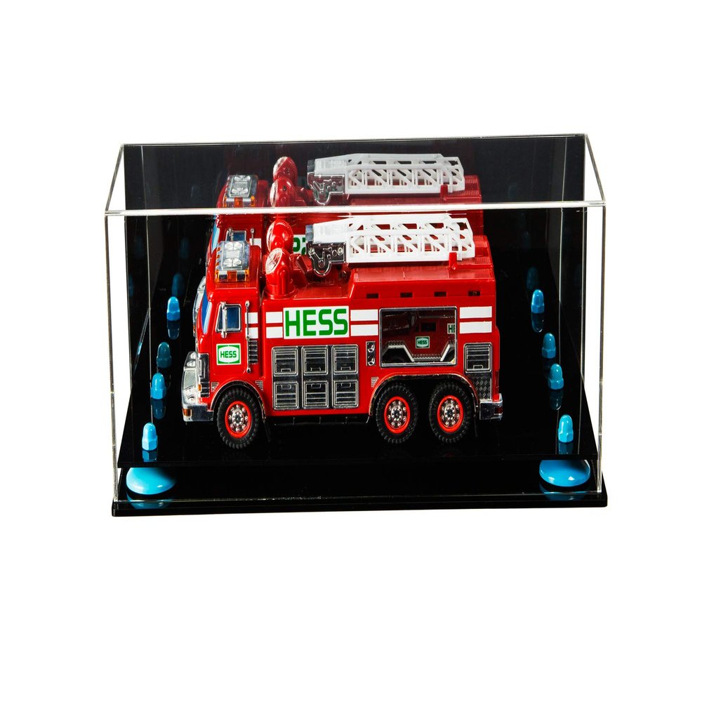 Better Display Cases Versatile Clear Acrylic Trucks, Trains and Rockets Display Case - Large Rectangle Box with Mirror Case, Light Blue Risers, Black Base and Wall Mount 17" x 6" x 7" (A019/V46)