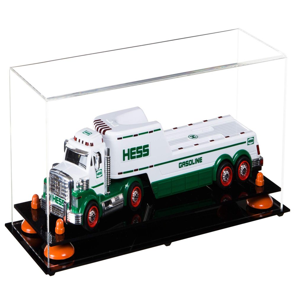 Better Display Cases Versatile Clear Acrylic Trucks, Trains and Rockets Display Case - Large Rectangle Box with Clear Case, Orange Risers and Black Base 17" x 6" x 7" (A019/V46)