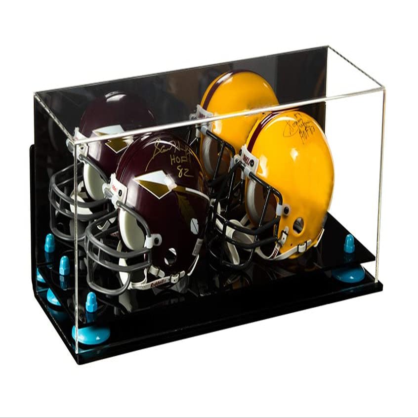 Better Display Cases Acrylic Double Mini - Miniature (not Full Size) Football Helmet or Mini Goalie Mask Display Case with Mirror Case, Black Risers, Black Base and WallMount (A019-BR)