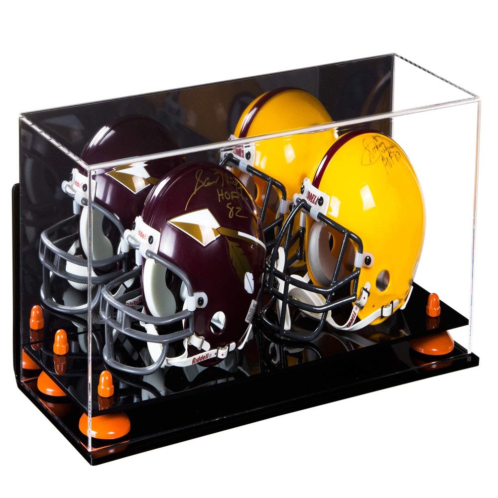 Better Display Cases Acrylic Double Mini - Miniature (not Full Size) Football Helmet or Mini Goalie Mask Display Case with Mirror Case, Orange Risers, Black Base and WallMount (A019-OR)