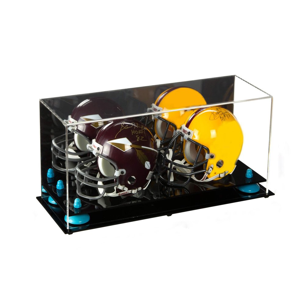Better Display Cases Acrylic Double Mini - Miniature (not Full Size) Football Helmet or Mini Goalie Mask Display Case with Mirror Case, Black Risers and Black Base (A019-BR)