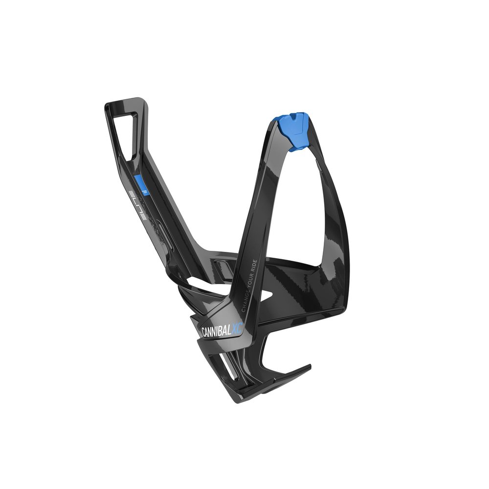 Elite Cannibal XC Cage (Glossy Black, Light Blue Graphic, Bio-Based) Eco-Friendly, Secure Bottle Cage with Adjustable Fit