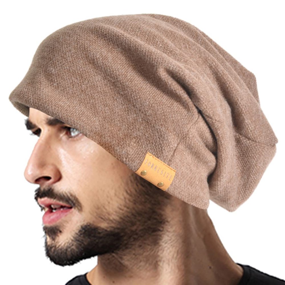 VECRY Men Oversized Slouch Beanie Large Skullcap Knit Hat (Brown)