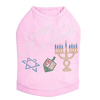 Happy Hanukkah - Dreidel, Menorah and Star of David - Bling Rhinestone Hanukkah Dog Shirt, M Pink