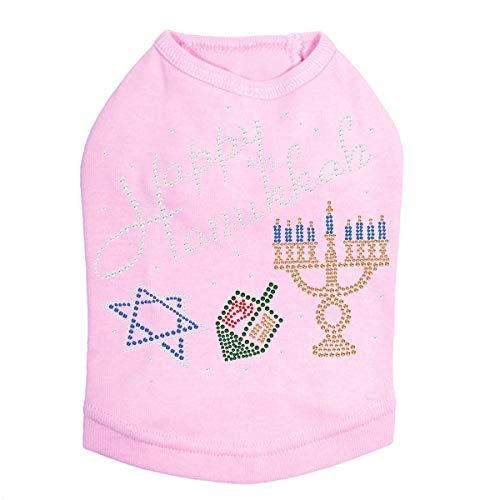 Happy Hanukkah - Dreidel, Menorah and Star of David - Bling Rhinestone Hanukkah Dog Shirt, M Pink