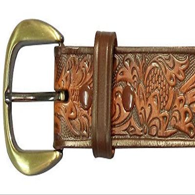 32" Brown Leather Belt With Embossed Floral Design