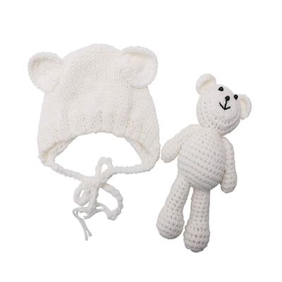 Matissa Newborn Baby Crochet Knit Costume Photography Prop Baby Bear Hat and Doll Set (White)