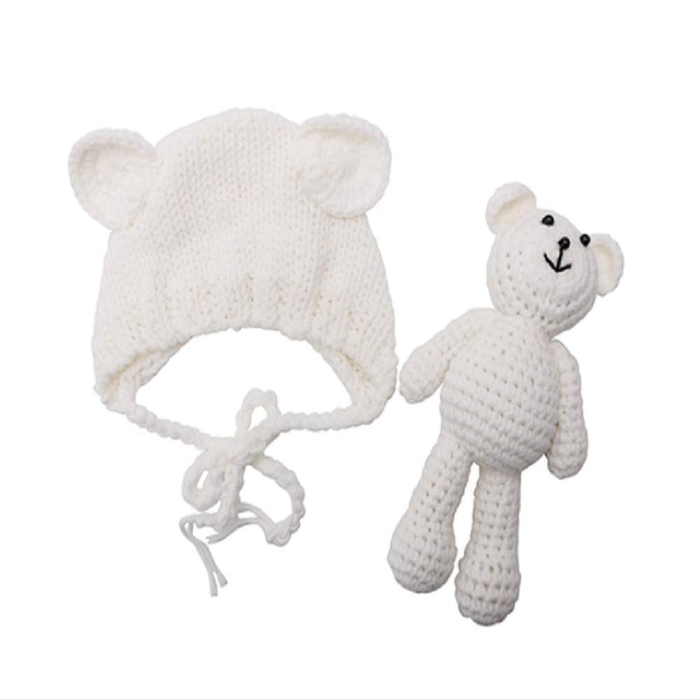 Matissa Newborn Baby Crochet Knit Costume Photography Prop Baby Bear Hat and Doll Set (White)
