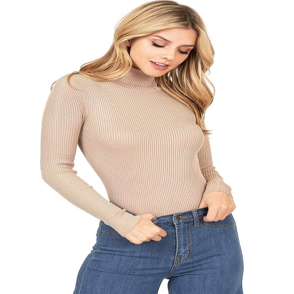 Ambiance Apparel Women's Ribbed Long Sleeve Turtleneck Top (M, Khaki)