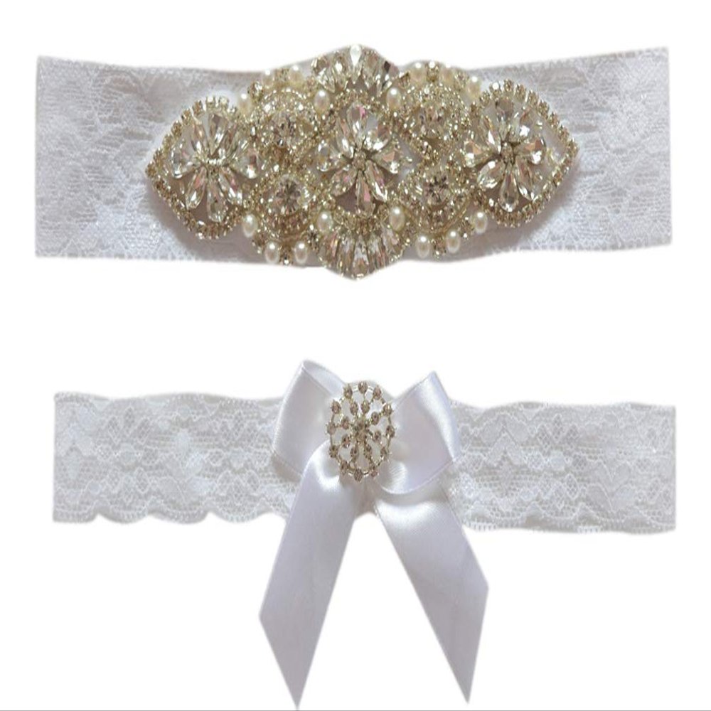 Plus Size White Party Garter Set with Rhinestones Toss Away Wedding Garter Set