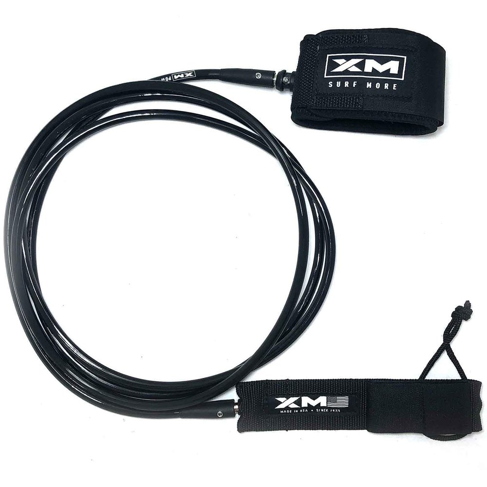 XM SURF MORE Premium Surfboard Leash, 10ft, Made in USA, Big Wave Cord Thickness (0.313in), Key Pocket, Unbreakable Swivels, Detachable Railsaver, All Black, Kink-Free [3 Year Warranty]
