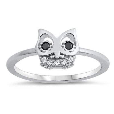 Black Simulated CZ Owl Animal Bird Nature Ring .925 Sterling Silver Band Size 10