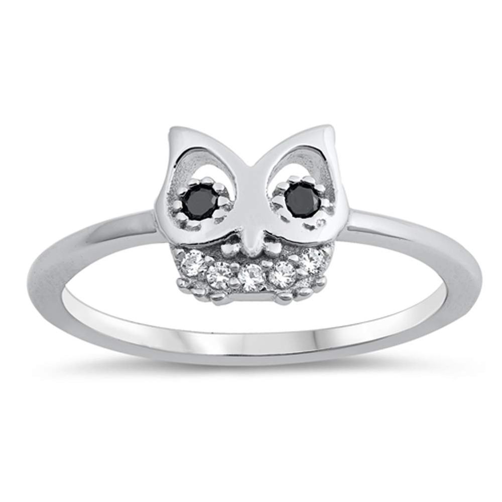 Black Simulated CZ Owl Animal Bird Nature Ring .925 Sterling Silver Band Size 10