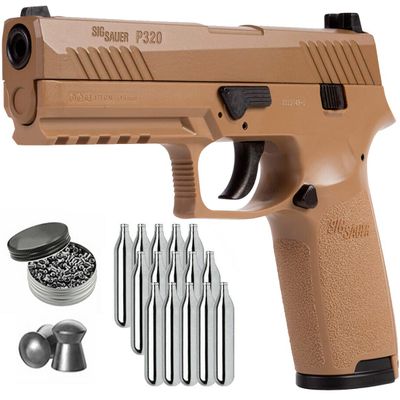 SIG Sauer P320 Air Pistol with CO2 12 Gram (15 Pack) and 500 Lead Pellets Bundle (Coyote Tan)