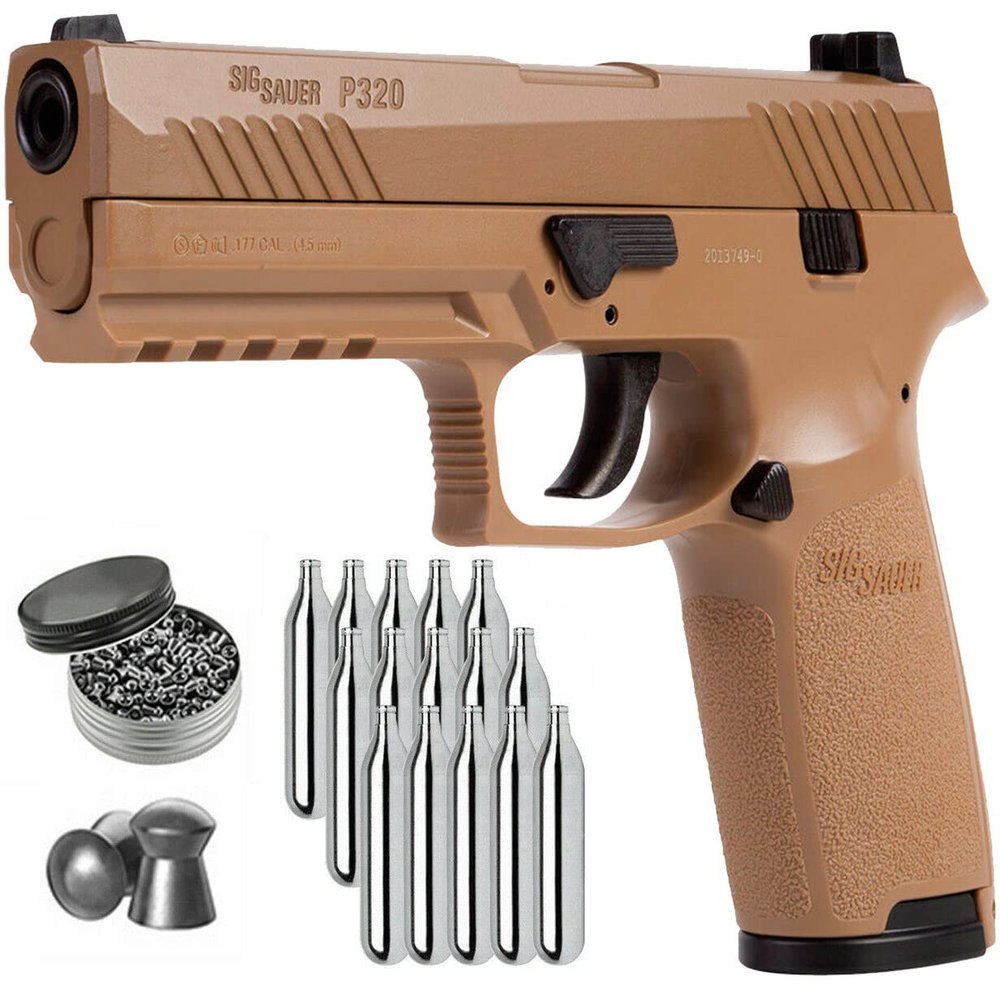 SIG Sauer P320 Air Pistol with CO2 12 Gram (15 Pack) and 500 Lead Pellets Bundle (Coyote Tan)
