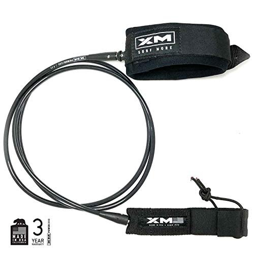 XM SURF MORE Knee/Calf Surfboard Leash 8ft-10ft, COMP Cord Thickness (.220 in.), Choose Length and Color, Key Pocket, Unbreakable Swivels, Detachable Railsaver, Made in USA