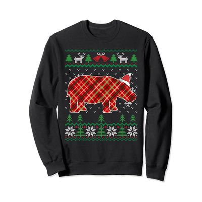 Ugly Christmas Pajama Plaid Hippo Santa Hat Sweatshirt