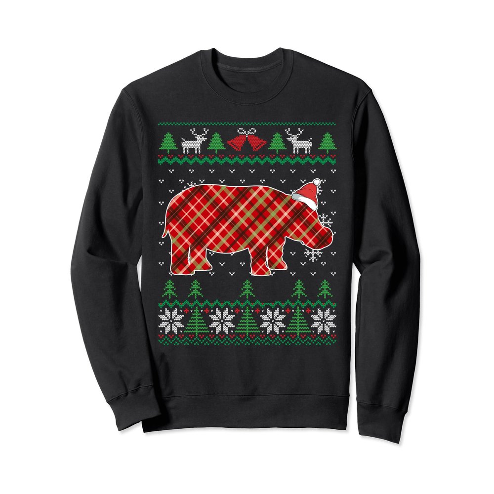 Ugly Christmas Pajama Plaid Hippo Santa Hat Sweatshirt