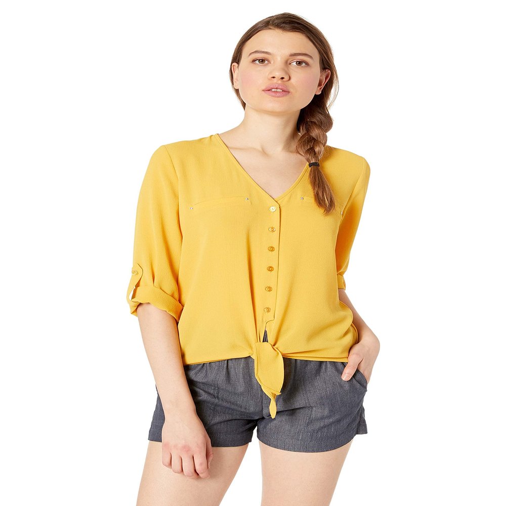 A. Byer Women's Tie-Front V-Neck Woven Shirt, Honey, X-Large