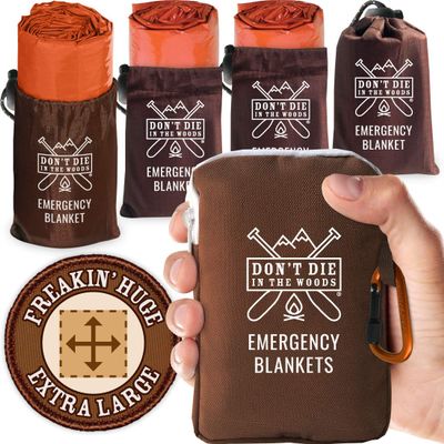 Don't Die In The Woods - Freakin Huge Emergency Blankets [4-Pack] Extra Large Thermal Mylar Space Blanket - One of The Ten Essentials Outdoor Survival Gear for Hiking Camping First Aid Kit (Orange)