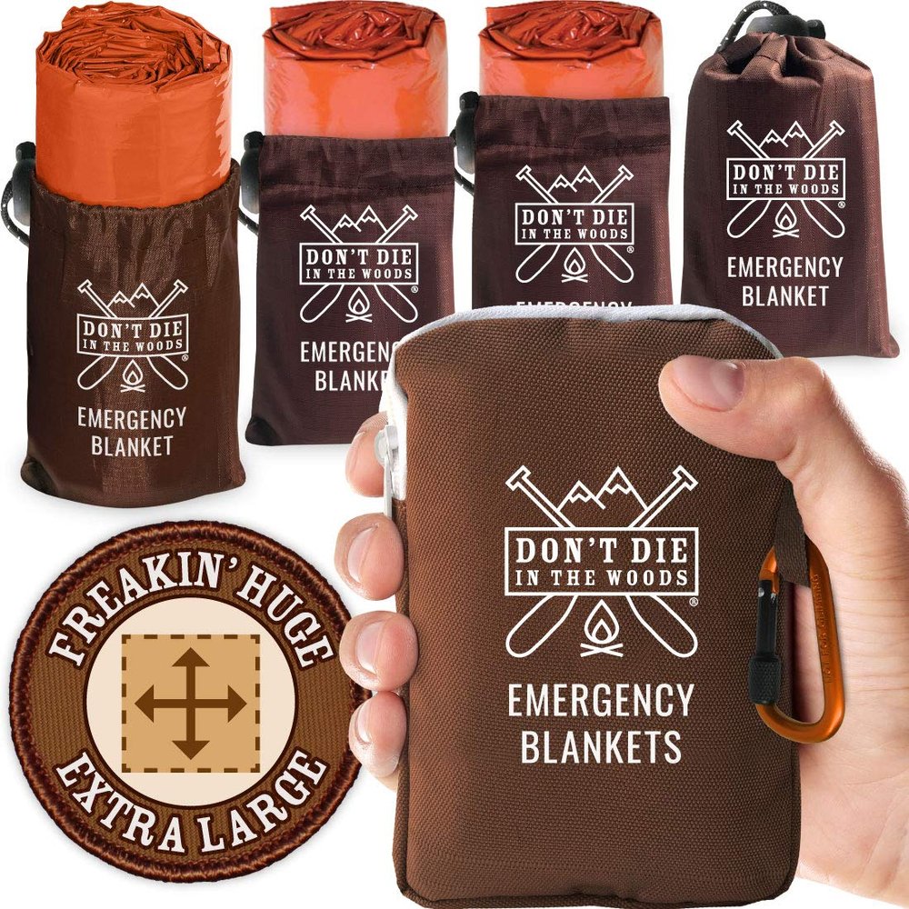 Don't Die In The Woods - Freakin Huge Emergency Blankets [4-Pack] Extra Large Thermal Mylar Space Blanket - One of The Ten Essentials Outdoor Survival Gear for Hiking Camping First Aid Kit (Orange)