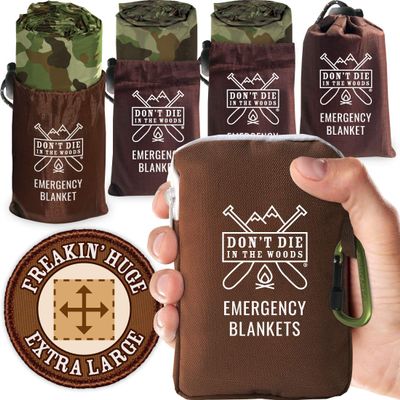 Don't Die In The Woods - Freakin Huge Emergency Blankets [4-Pack] Extra Large Thermal Mylar Space Blanket - One of The Ten Essentials Outdoor Survival Gear for Hiking Camping First Aid Kit (Camo)