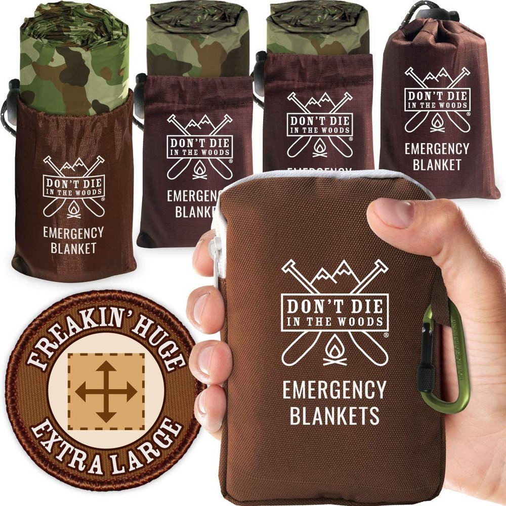 Don't Die In The Woods - Freakin Huge Emergency Blankets [4-Pack] Extra Large Thermal Mylar Space Blanket - One of The Ten Essentials Outdoor Survival Gear for Hiking Camping First Aid Kit (Camo)