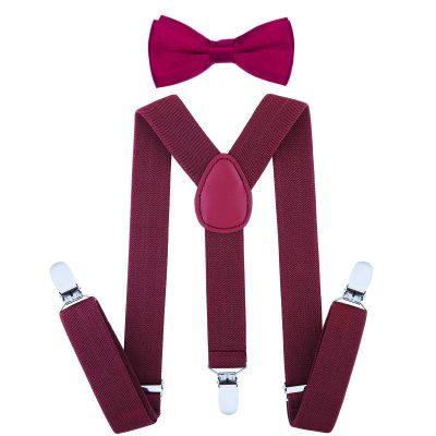 AWAYTR Child Kids Suspenders Bowtie Set - Adjustable Suspender Set for Boys and Girls (30Inches(6 Years to 5 Feet Tall),Burgundy)