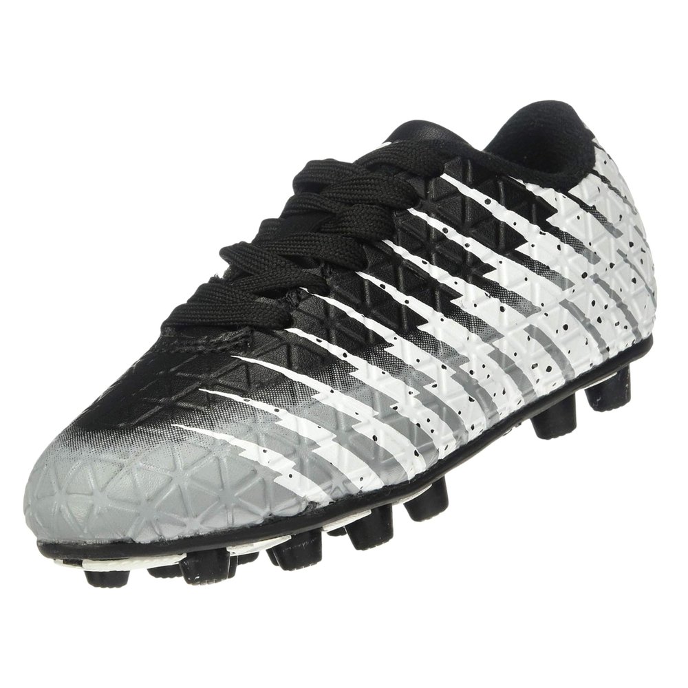 Vizari Bolt Firm Ground Youth Soccer Cleats for Boys and Girls | Textured Synthetic Leather Upper Kids Football Cleats with Polyurethane Sole for Comfort and Traction Black/White/Silver