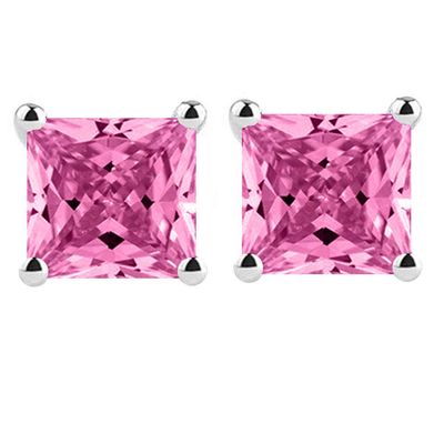 Classic Genuine Sterling Silver Princess CZ Simulated Pink Tourmaline Stud Earrings 2.00 Carat