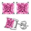 Classic Genuine Sterling Silver Princess CZ Simulated Pink Tourmaline Stud Earrings 2.00 Carat view 2