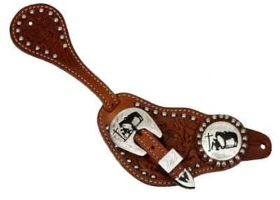 Showman Men's Tooled Leather Spur Straps w/Silver Engraved Praying Cowboy Conchos