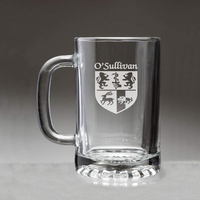 O'Sullivan Irish Coat of Arms Glass Beer Mug (Sand Etched)