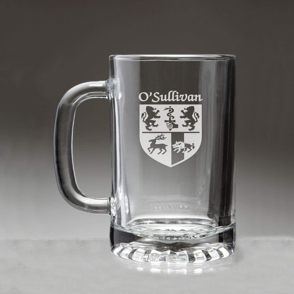 O'Sullivan Irish Coat of Arms Glass Beer Mug (Sand Etched)