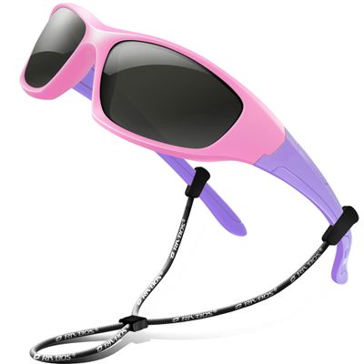 RIVBOS Kids (Age 3-8) Sunglasses Polarized UV Protection Flexible Rubber Glasses Shades with Strap for Boys Girls RBK003 Pink
