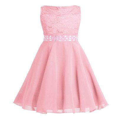 FEESHOW Kids Girls Sequin Lace Formal Wedding Pageant Party Prom Ball Gown Flower Girl Dress Crystal Belt Pearl Pink 10