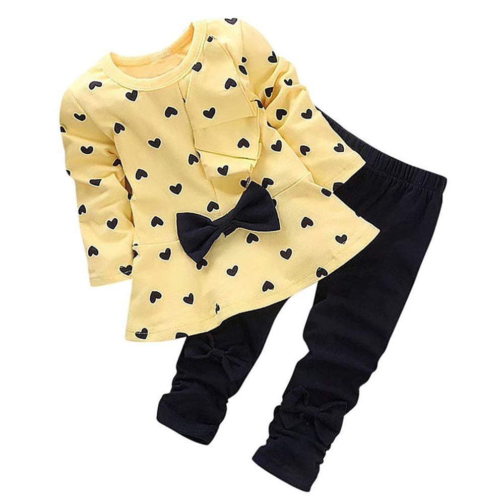 0-3 Years Kids Baby Girls Clothes Cute Heart-Shaped Print Bow Tops Tee Shirt +Pants Leggings 2Pcs Outfits Set Yellow