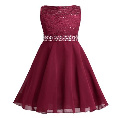YiZYiF Kids Girls Sequins Lace Floral Wedding Party Dress Pageant Formal Ball Gown Chiffon Flower Girl Dress Burgundy 10