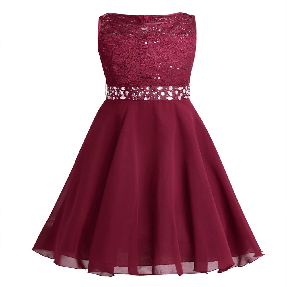 YiZYiF Kids Girls Sequins Lace Floral Wedding Party Dress Pageant Formal Ball Gown Chiffon Flower Girl Dress Burgundy 10