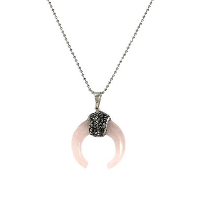 B Jewelry Rose Quartz Crescent Moon Pendant Necklace, Silver-Tone Charm Necklace for Women, Bohemian Chic Statement Necklace