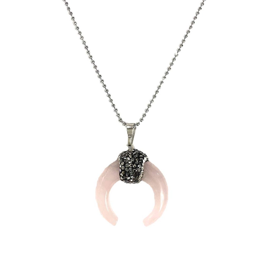 B Jewelry Rose Quartz Crescent Moon Pendant Necklace, Silver-Tone Charm Necklace for Women, Bohemian Chic Statement Necklace