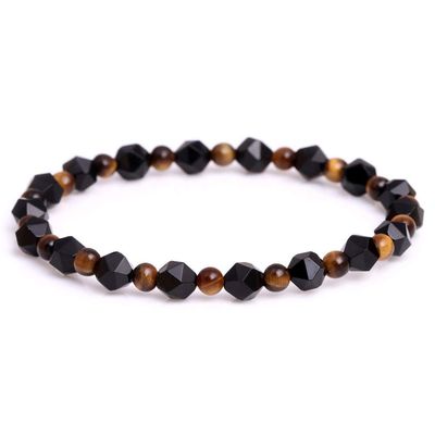 GEM-Inside Genuine Bracelets Natural Faceted Black Agate Yellow Tiger Eye Gemstone Bead Elastic Power Crystal Bracelet Jewelry for Women Unisex 7"-7.5" 6mm