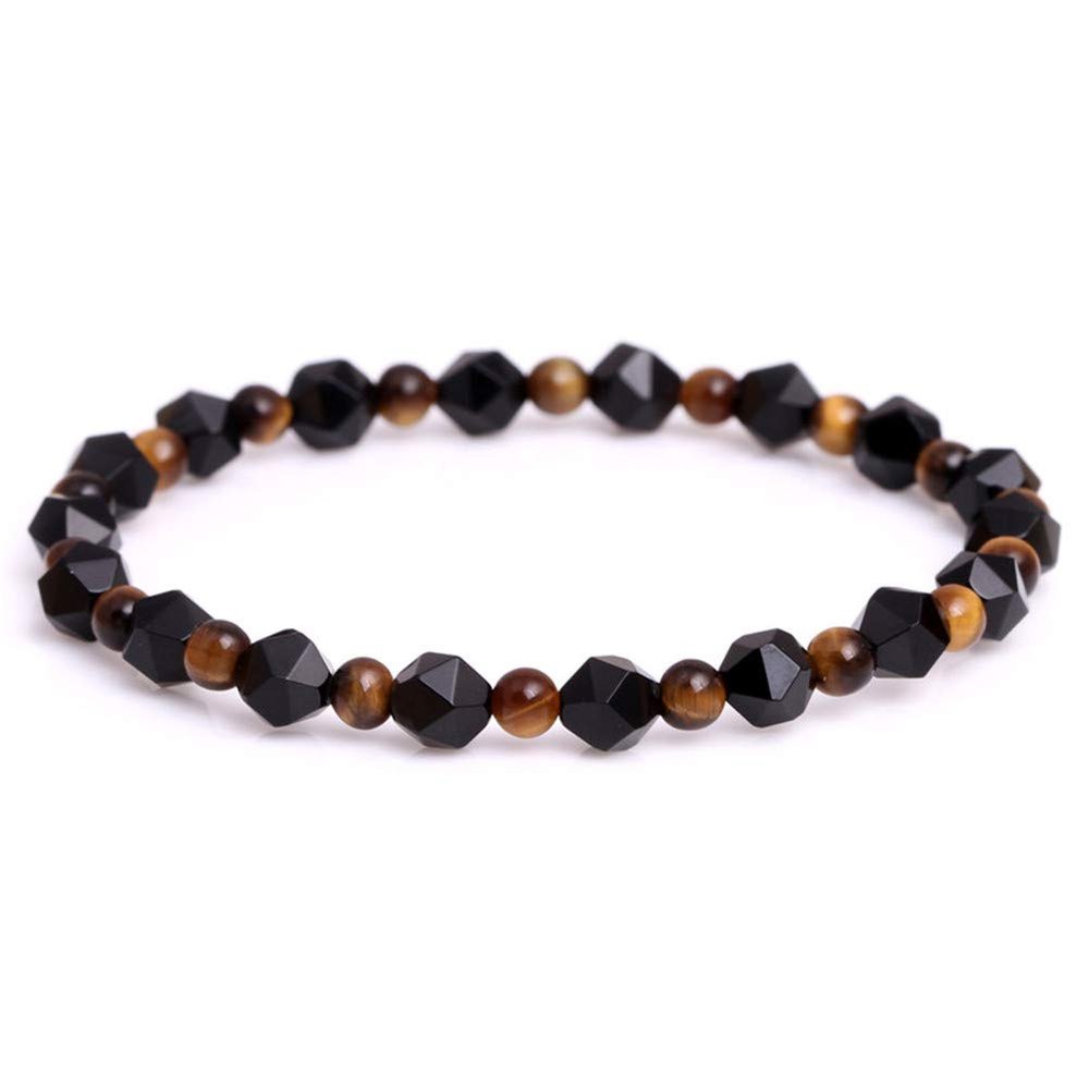 GEM-Inside Genuine Bracelets Natural Faceted Black Agate Yellow Tiger Eye Gemstone Bead Elastic Power Crystal Bracelet Jewelry for Women Unisex 7"-7.5" 6mm