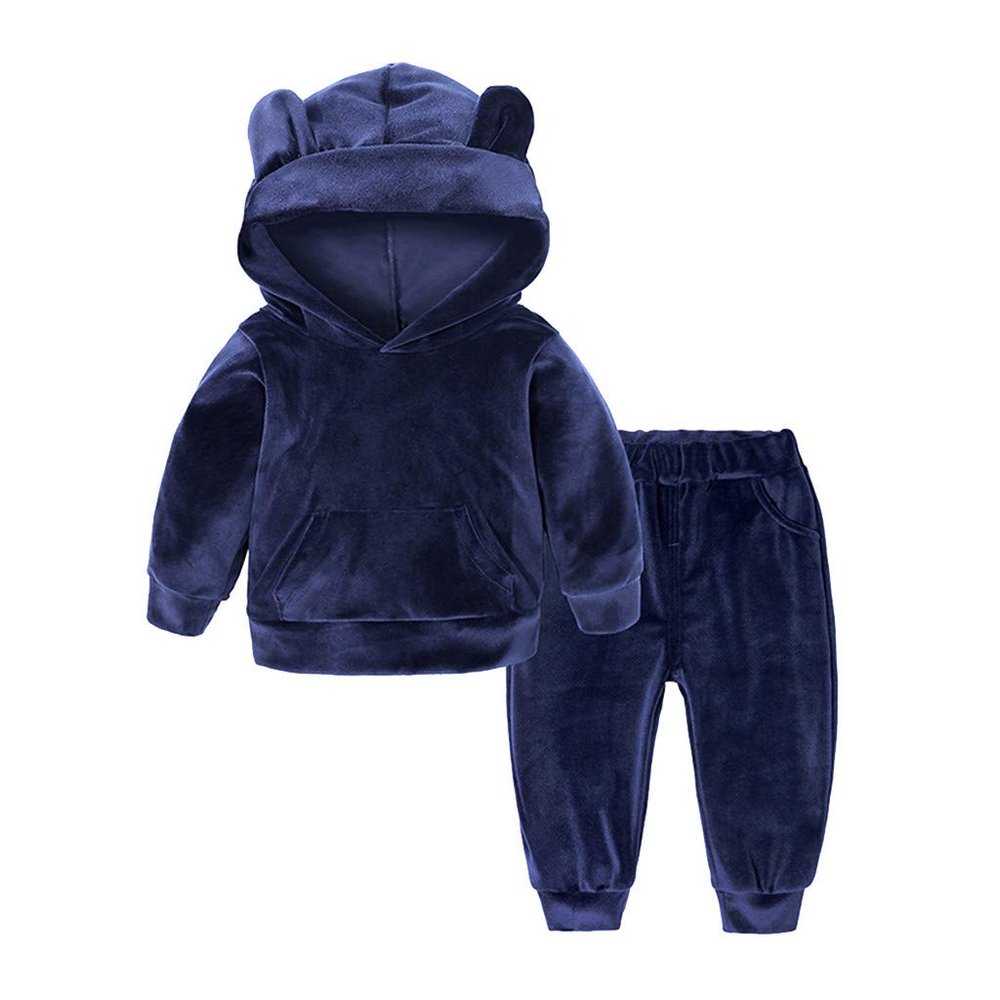 Baby Toddler Boys Girls Fall Winter Clothes Set 1-6 Years Old Kids Long Sleeve Solid Hoodie Shirts Pants Outfits (18-24 Months, Blue)