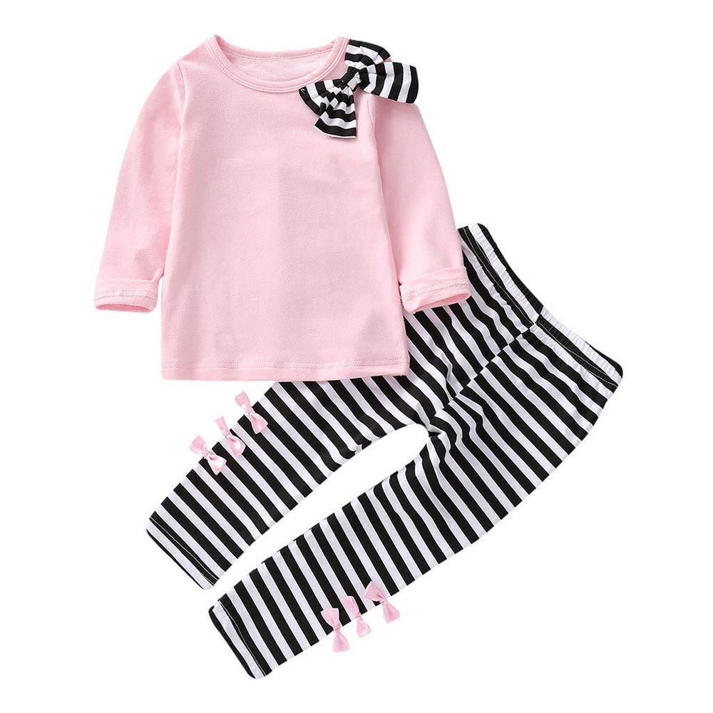 Baby Toddler Girls Clothes Sets 1-6 Years Old Kids Long Sleeve Bow Shirts Tops Stripe Pants Fall Winter Outfits (2-3 Years Old, Pink)