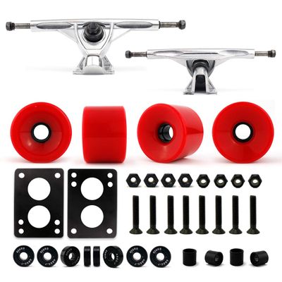 VJ Skateboard Longboard Truck and Wheel, 70mm Long Board Wheels w 7inch 180mm Skateboard Trucks (Silver) Longboard Bearings Longboard Hardware Skateboard Riser Pads (Red)