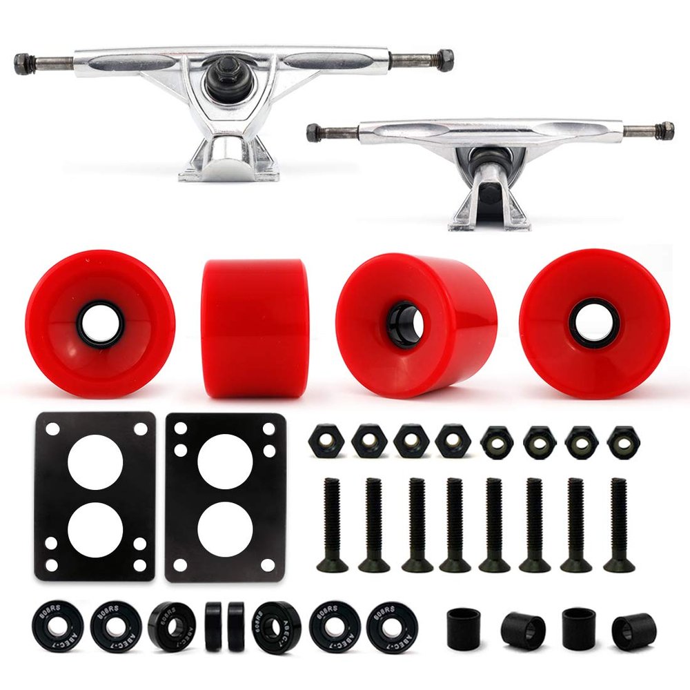 VJ Skateboard Longboard Truck and Wheel, 70mm Long Board Wheels w 7inch 180mm Skateboard Trucks (Silver) Longboard Bearings Longboard Hardware Skateboard Riser Pads (Red)