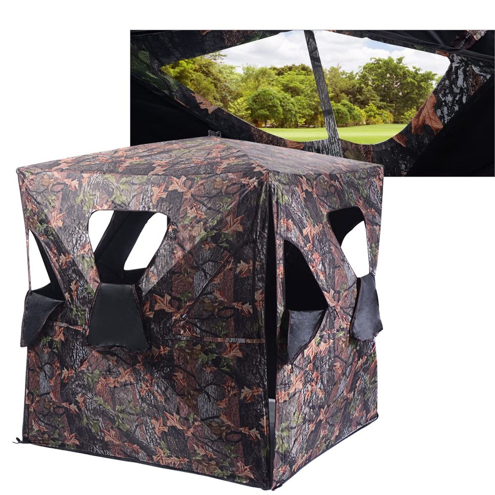 GYMAX Hunting Blind, 360 Degree See Through Ground Blind, 2-3 People Pop Up Deer Blinds, Portable Hunting Tent with Carry Bag