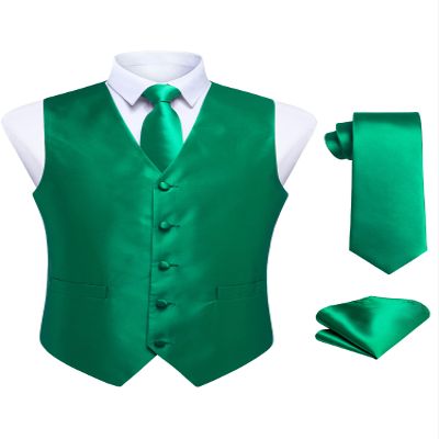 HISDERN Men's Vests Dress Solid Suit Vest for Men 3pc Waistcoat & Tie and Pocket Square Green Vest Suit Tuxedo Set Wedding Party