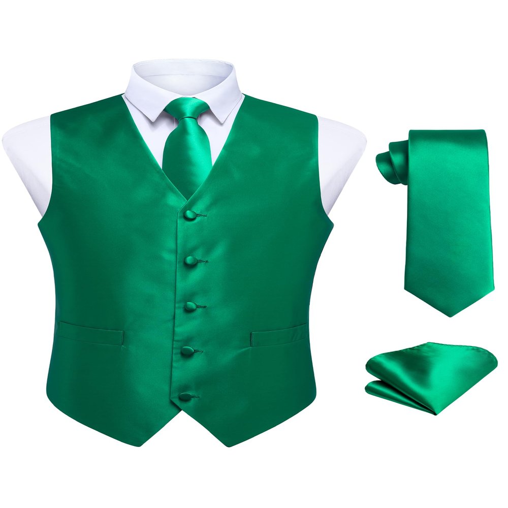 HISDERN Men's Vests Dress Solid Suit Vest for Men 3pc Waistcoat & Tie and Pocket Square Green Vest Suit Tuxedo Set Wedding Party